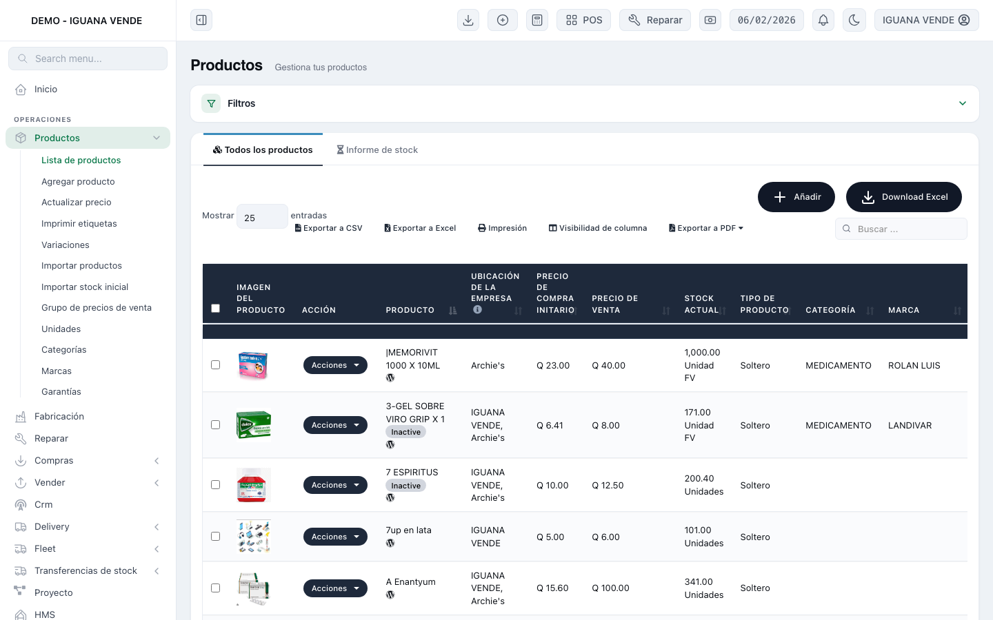 Lista de productos