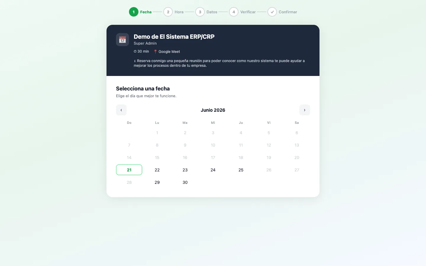 Booking público: tu cliente reserva solo, verifica su WhatsApp y la cita entra directo a tu agenda y a tu pipeline.