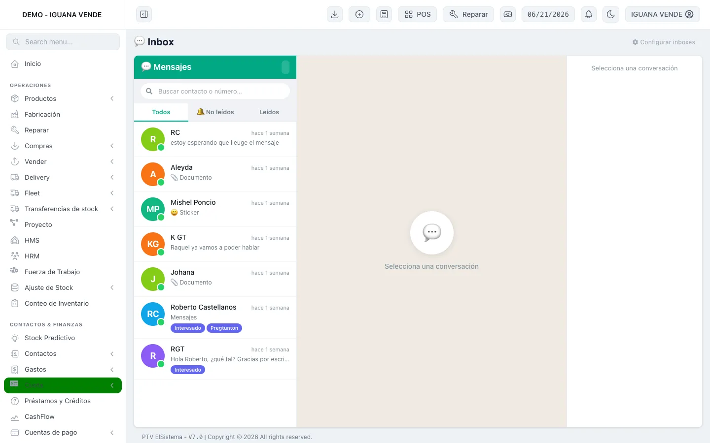 Inbox omnicanal: WhatsApp, Facebook Messenger, Instagram y webchat en una sola bandeja, con agente IA, etiquetas y asignación automática.