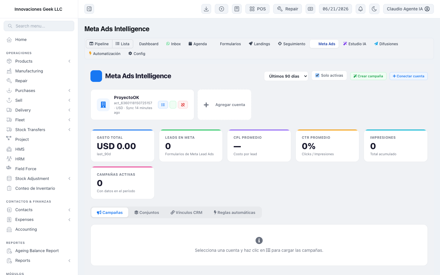 Meta Ads Intelligence: conecta tus cuentas publicitarias y mide gasto, leads, CPL y CTR sin salir del CRM.